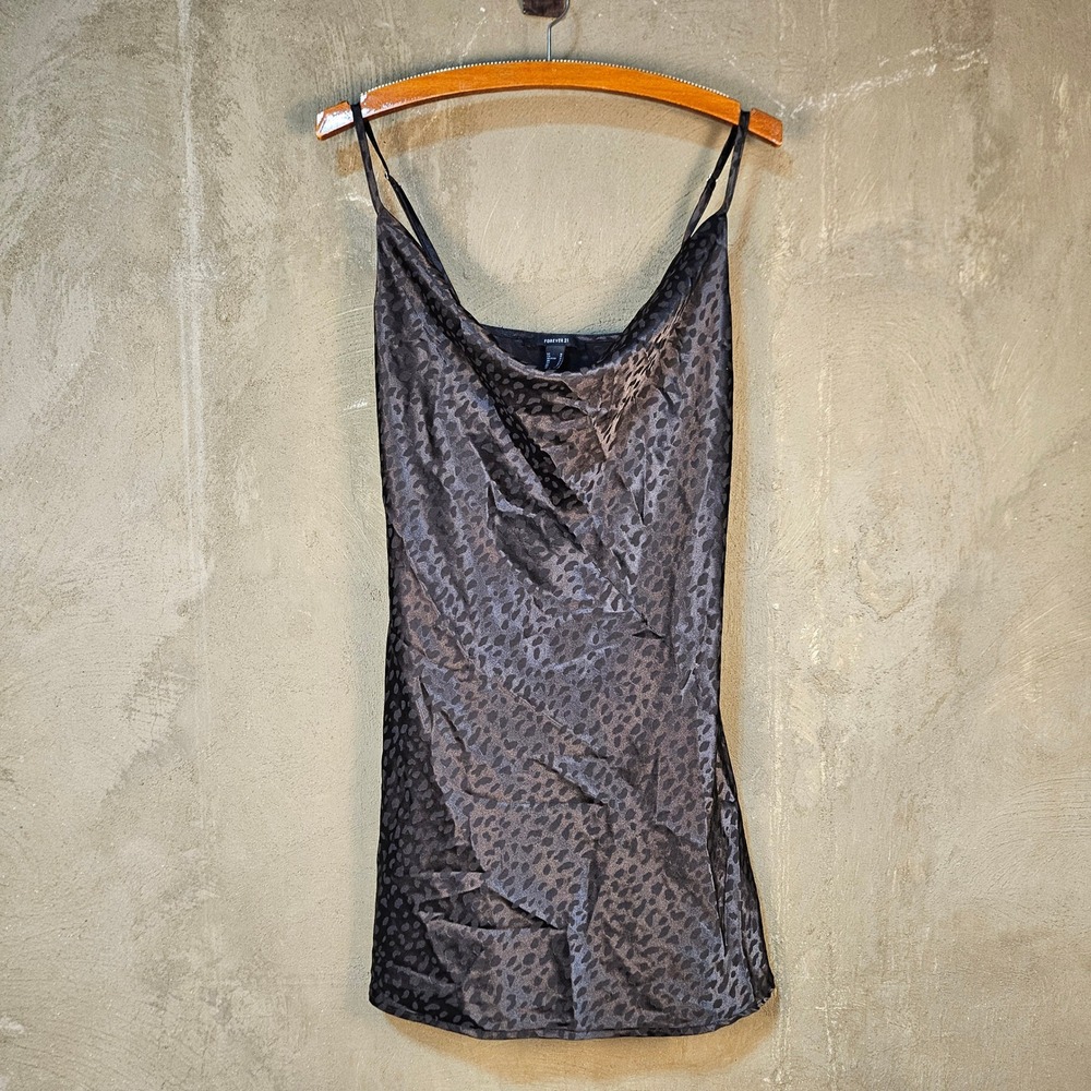 Forever 21 Black Satin Slip Dress M Cowl Neck Leopard Y2K 90s Grunge Mini‎ Party